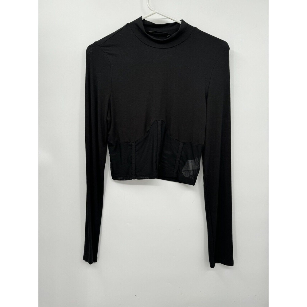 SHEIN Large Crop Top Women‎ Black Mock Neck Mesh Corset Hem Long Sleeve